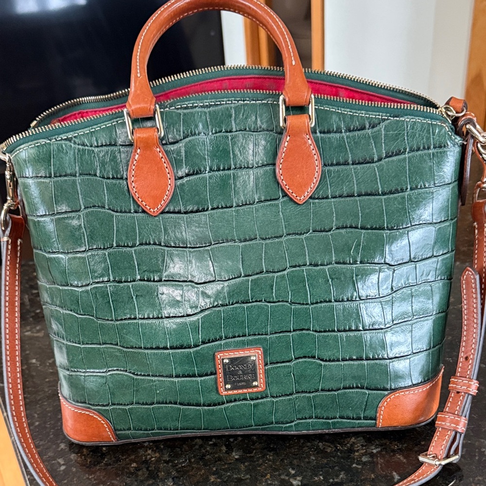 Dooney & Bourke Forest Green Croc Satchel with Tan Accents